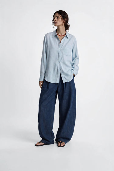 LINEN BLEND BUTTON UP SHIRT light-blue